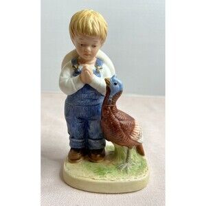 Homco 1985 Denim Days Collection Praying Boy With Turkey Porcelain Figurine